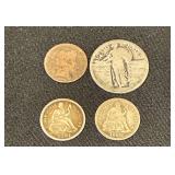 1891 seated dime, no date standing liberty quarter, 1888 seated dime, 1908 Barber dime