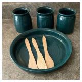 Dark green pottery tray with 3 condiment jars