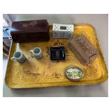 Hand painted wooden tray, boxes, mini German steins, etc.