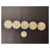5 Walking Liberty quarters and 1 Barber dime