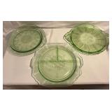 3 Green Depression Glass handled platters