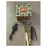 Ink well marked Spain, vintage tweezers, glasses, fountain pen, etc.