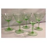 5 etched Green Depression Glass stemware