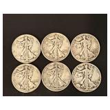 6 Walking Liberty silver half dollars
