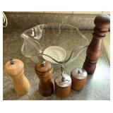 Glass salad bowl, wooden salt & pepper shakers