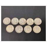 9 Franklin silver half dollars