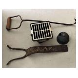 Cast iron miniature table top grill, boot jack, meat hook, drafting pencil sharpener