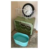 Battery-operated clock, wine rack, wire basket, metal bucket