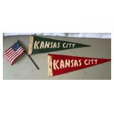 Pair of Kansas City felt pennants and USA flag.