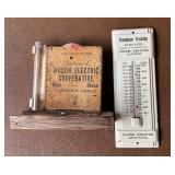Macon Electric Coop rain gauge, Thomas Trucking Glasgow metal thermometer
