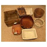 Baskets woven & wire, wooden crate, etc.