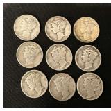 9 Mercury silver dimes