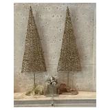 Pair of gold metal trees and gold stocking hanger