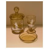 Mary Gregory style amber covered candy dish, stemmed glass and small dish