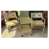 Pair of patio chairs and hostess cart, cast iron.