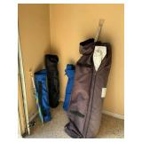 3 bag chairs, clamp on umbrella, pop up canopy parts.