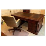 Hekman desk with key, decorative inlays, 72" L x 36" W x 32" T