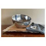 Nambe centerpiece bowl with metal tray and wooden cutting board