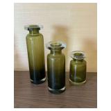 Set of 3 olive glass hurricane candle holders