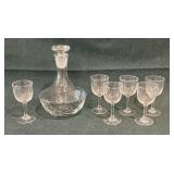 Clear glass decanter 8" T and 6 cordials