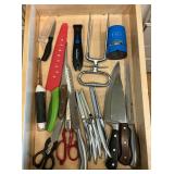 Assortment of kitchen knives, Oneida, Wusthofdreizack, sharpeners, shears, meat fork, etc.