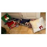 Holiday rugs, pillows, tree skirt, etc.