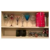 Hand painted stemware, shot glasses, 2 Cadillac glasses, shaker bottle, etc.
