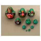 Wooden nesting dolls, 10 pieces, purple and green