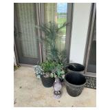 Flower pots, artificial plants, plastic hawk.