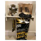 Collection of Mizzou items, jewelry accessories, Apple watch band, throw, bags