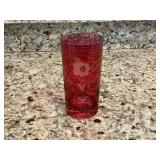 7 Cranberry red etched water glasses