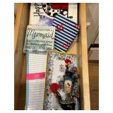 Swedish dish cloths, koozie, notepad, coaster, chicken collectibles, etc.