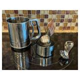 Metal sifter, stainless measuring spoons, measuring cups