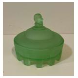 Green satin glass jester powder jar