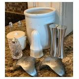 White crock, salt & pepper shakers, etc.