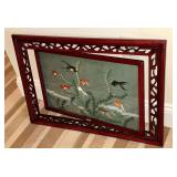 Vintage Chinese Suzhou double sided silk embroidery screen in carved wooden rotating frame
