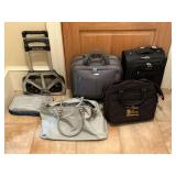 Carry on bags, duffle bags, computer bag, rolling cart.
