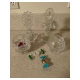 Pair of perfume decanters, glass candy pieces and small vases