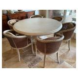 Round dining room table with 6 barrel back chairs, table top needs to be secured