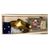 Holiday decorations, ribbons, candle holder,