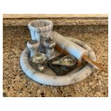 White marble tray, salt & pepper, utensil crock, rolling pin
