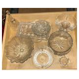Pressed glass pieces, bell (no clapper), small trays, bowls, etc.