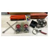 Assortment of automotive items, reflectors, towing lights