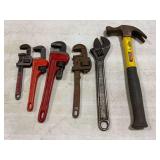Pipe wrenches, 12" ajustable wrench, claw hammer