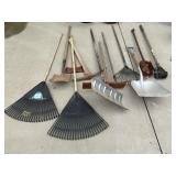 Long handle tools, double bit axe, shovels,