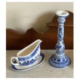 Willow Woods Ware gravy boat, blue and white candlestick.