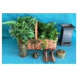 Brass Chinese cricket box, basket, greenery