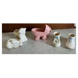 Lamb, buggy carriage, boxing glove, and baby shoe planters