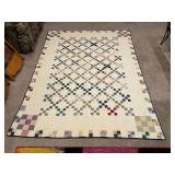 Vintage nine patch quilt, hand quilted, wear in the middle