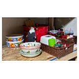 Christmas plastic dishes, cups, ceramic bowls, bucket, etc.